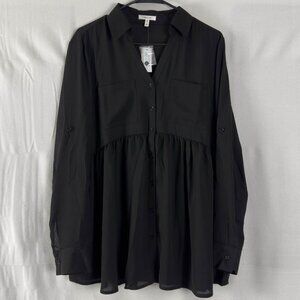 NEW Maurices Size M Blouse Black Sheer Top V Neck Long Sleeve Button Pocket NWT